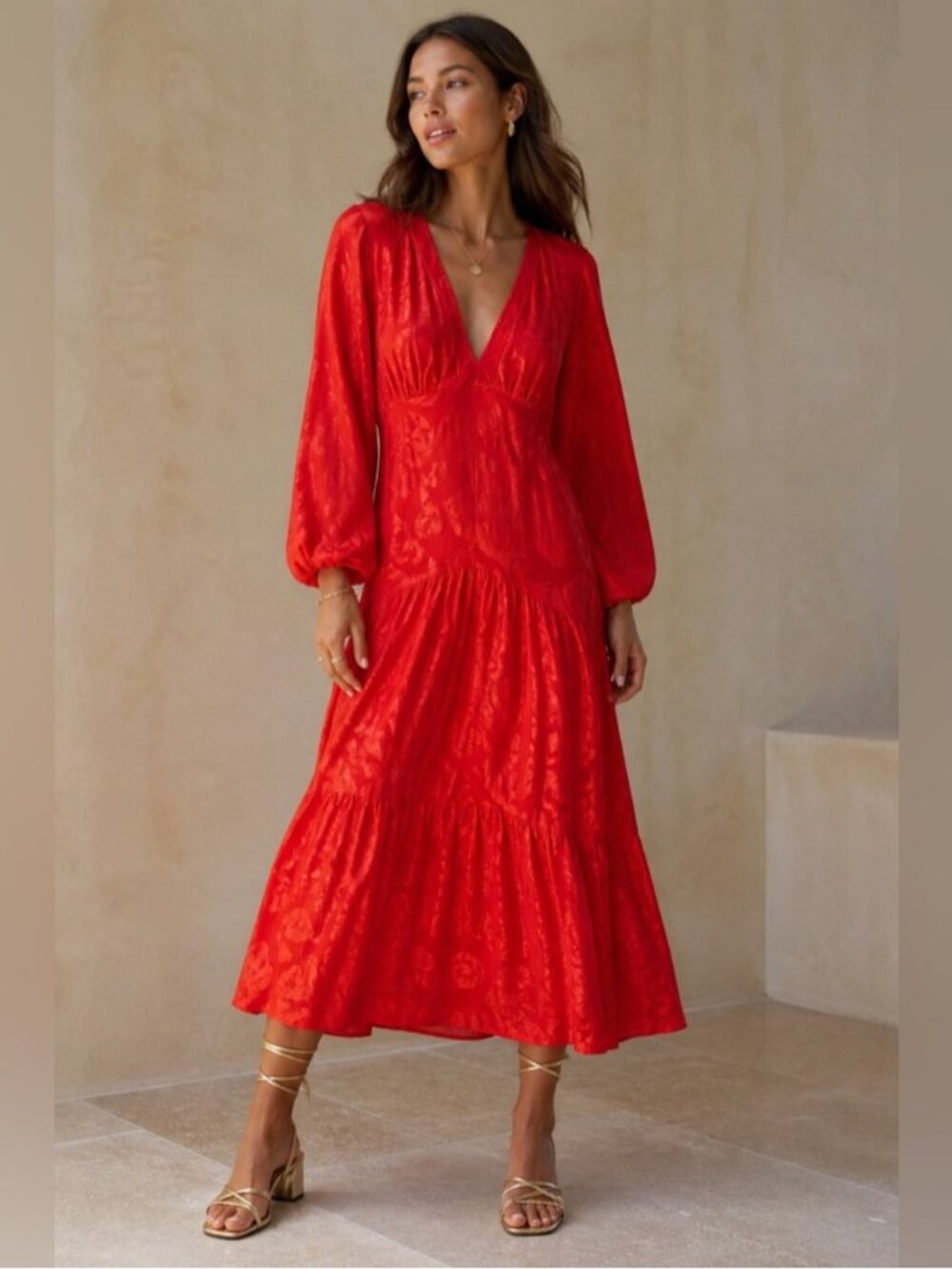FARM Rio x Anthropologie Red Floral Jacquard Midi Dress XXS